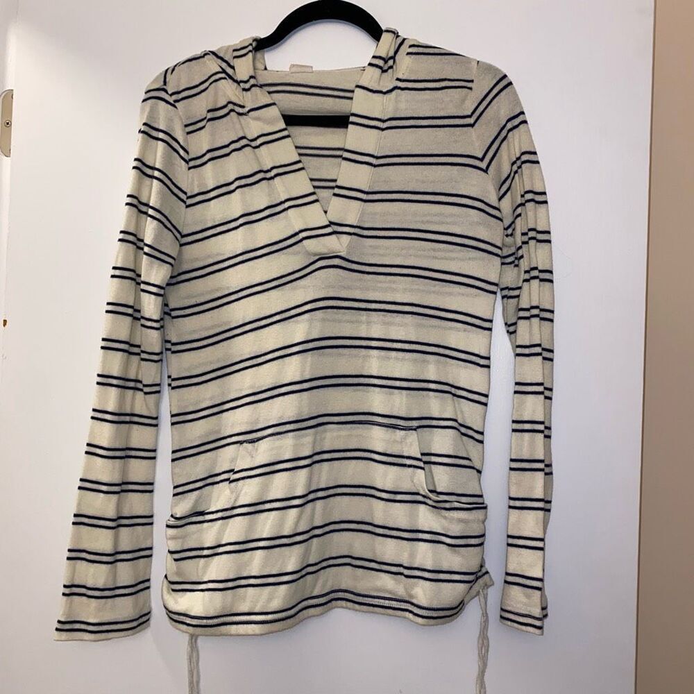 Roxy Womens Cream Navy Striped Cinched Hooded Sweater Medium